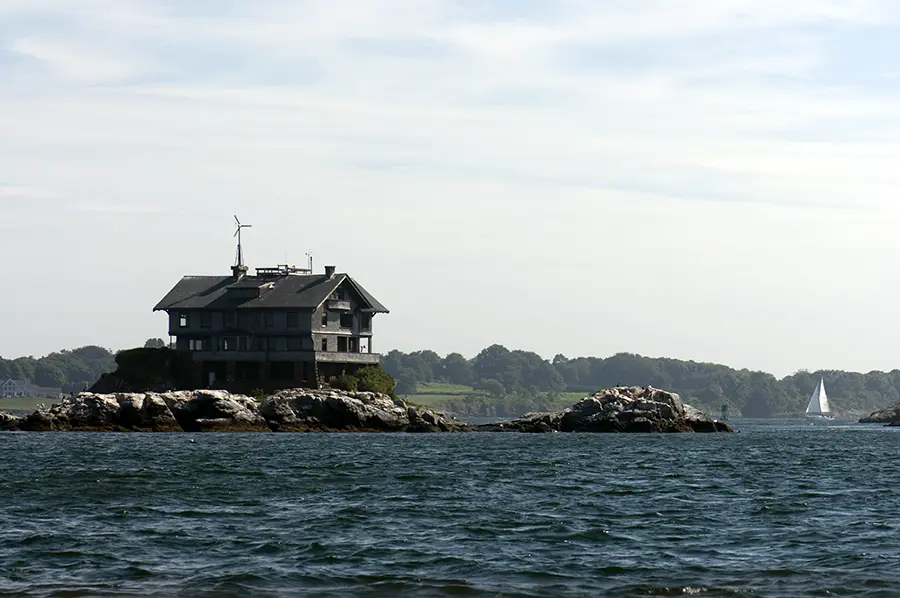 The historic Clingstone house on rocks in Narragansett Bay, Rhode Island.