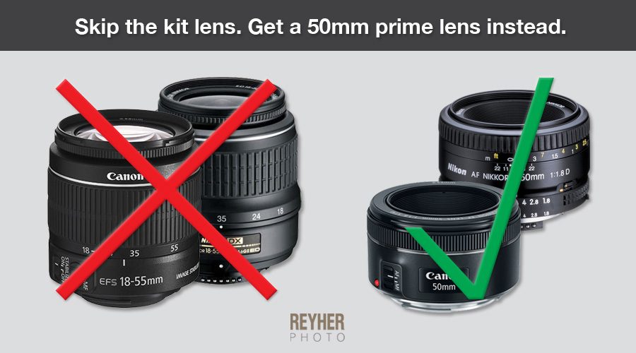 Buy a 50mm prime lens, not a kit lens