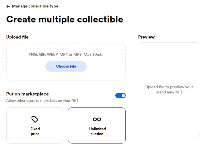 Create multiple NFT collectible on Rarible