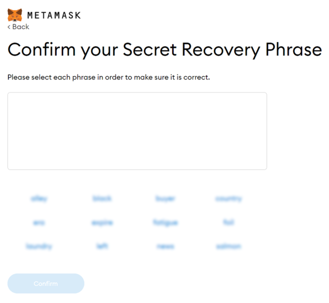 Confirm Secret Recovery Phrase in MetaMask