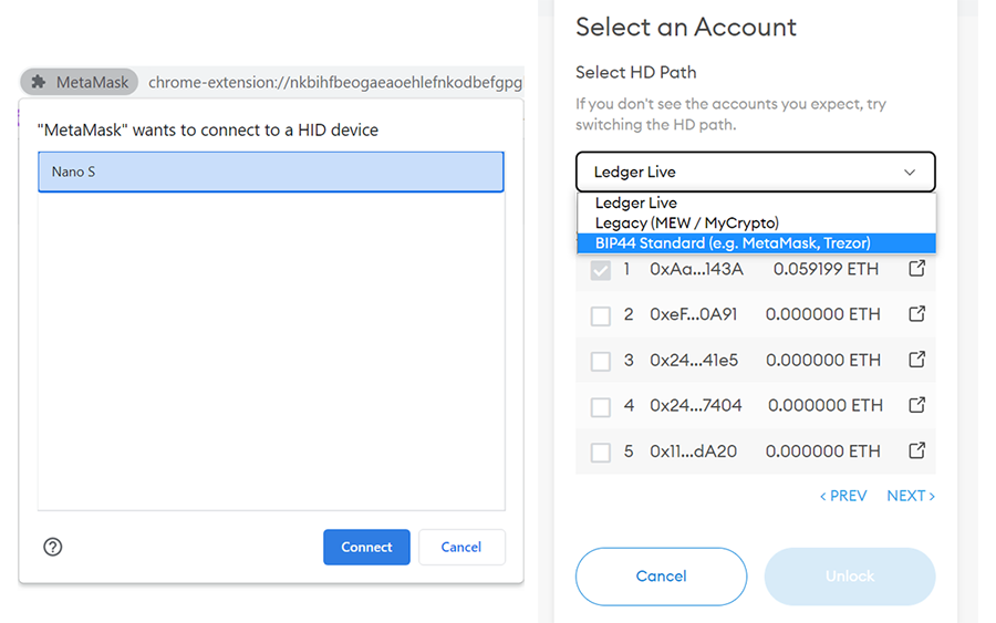 Connect Ledger crypto wallet and choose ETH account