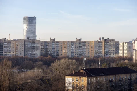 Assorted buildings in Kyiv, Ukraine, captured from the bell tower at Pechersk Lavra, 2019.