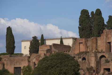 A building and trees on Palatine Hill in Rome, Italy, 2022.