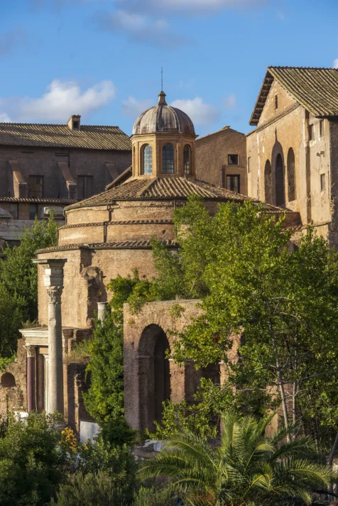 Buildings and foliage at Forum Romanum in Rome, Italy, 2022.