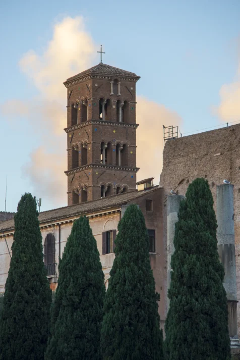Four bushes, buildings and a tower in Rome, Italy, 2022.