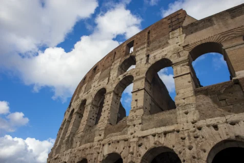 Colosseum exterior on a gorgeous day in Rome, Italy, 2022.