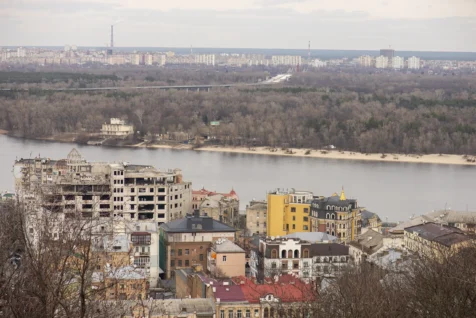 The Dniepr River and surrounding landscape in Kyiv, Ukraine, 2020.
