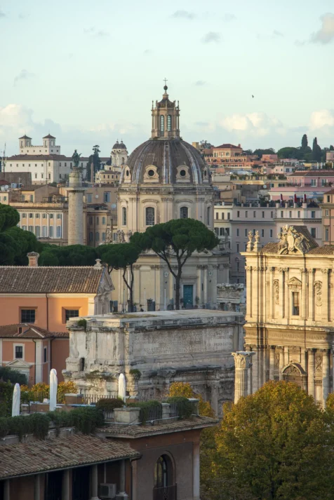 A domed church and surrounding buildings in Rome, Italy, 2022.