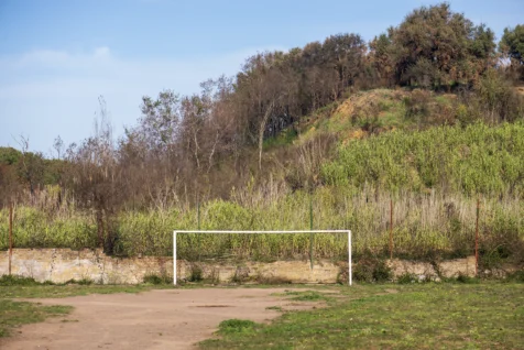A football goal at a park in Rome, Italy, 2022.
