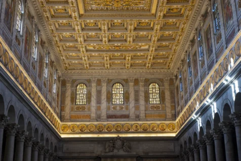 The golden ceiling of the Basilica of St. Paul Outside the Walls in Rome, Italy, 2022.