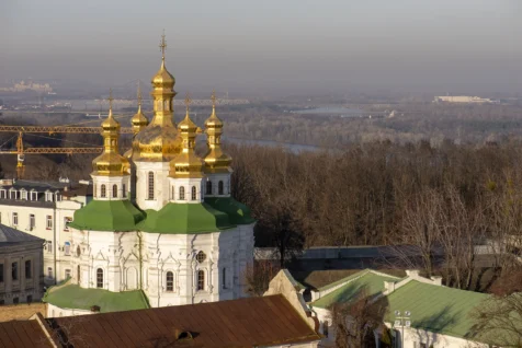 Golden domes and surrounding landscape, captured from the bell tower at Kyiv Pechersk Lavra, 2019.