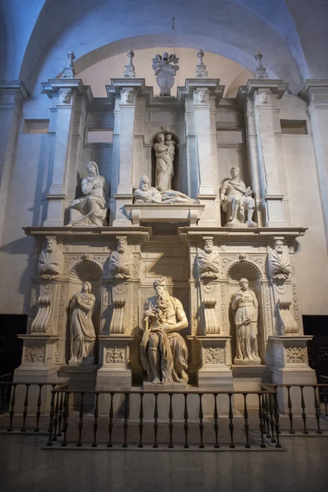The Moses sculpture by Michaelangelo on the tomb of Pope Julius II in the Basilica di San Pietro in Vincoli in Rome, Italy, 2022.