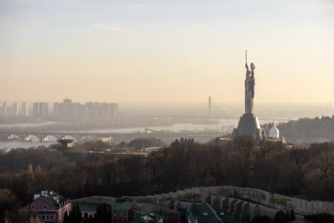 The Motherland Monument and surrounding landscape on a sunny day in Kyiv, Ukraine, 2019.