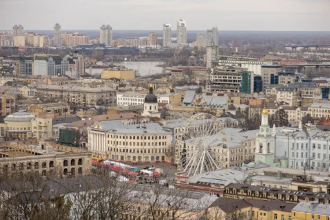 A view of Old Town and surrounding area from St. Andrew's Church in Kyiv, Ukraine, 2020.