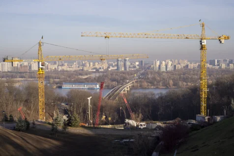A pair of yellow cranes near the Dniepr River in Kyiv, Ukraine, 2019.