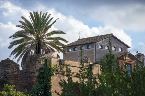 A palm tree, brick walls and buildings in Rome, Italy, 2022.