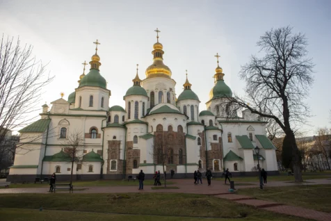 People walk near St. Sophia's Cathedral in Kyiv, Ukraine, 2019.