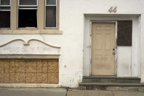 A plywood window on a building in Poughkeepsie, New York, 2016.