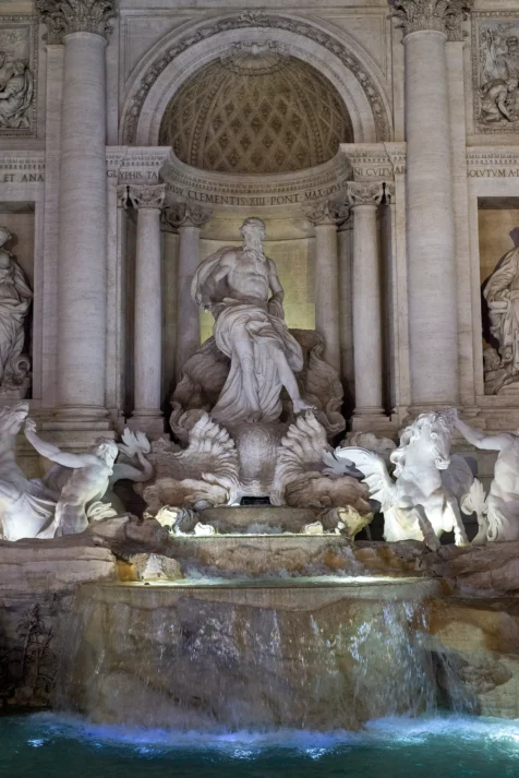Sculptures and water at the Trevi Fountain in Rome, Italy, 2022.