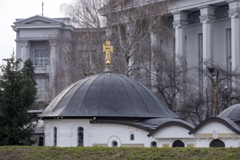 A small white church in a park in Kyiv, Ukraine, 2020.