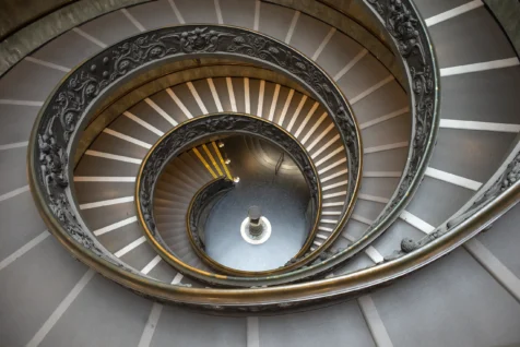 The spiral staircase at the exit of Musei Vaticani in the Vatican, 2022.