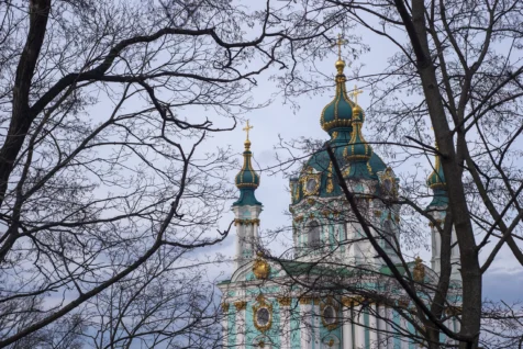 St. Andrew's Church captured through trees in Kyiv, Ukraine, 2020.