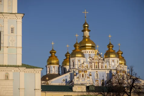 St. Michael's golden-domed monastery on a sunny day in Kyiv, Ukraine, 2019.