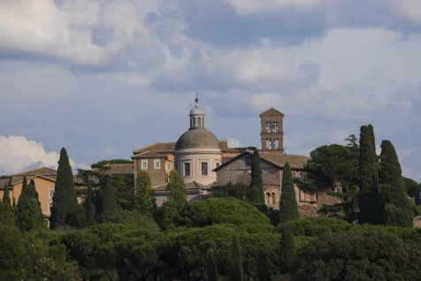 Trees and buildings near Palatine Hill in Rome, Italy, 2022.