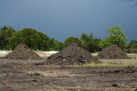 A trio of dirt mounds on a cloudy afternoon in Austin, Texas, 2015.