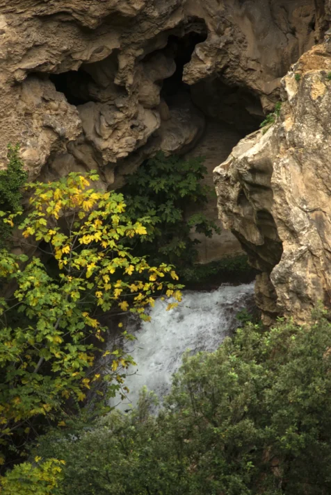 A waterfall, foliage and cave at Parco Villa Gregoriana in Tivoli, Italy, 2022.