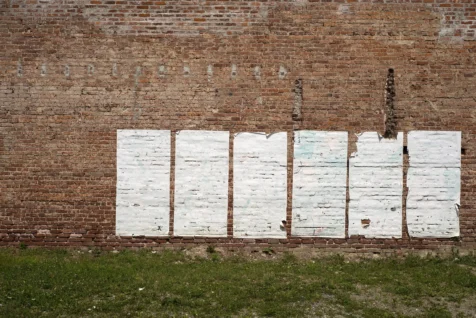 White rectangles on a brick building in Poughkeepsie, New York, 2016.