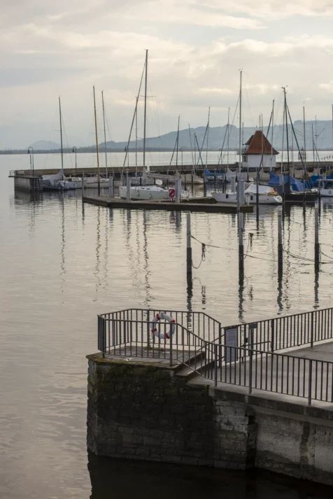 Boats docked at the port in Lindau, Germany, 2023.