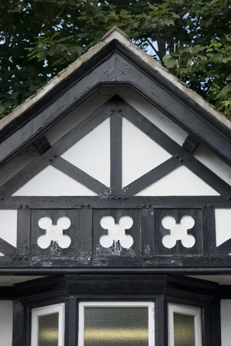 Black and white building exterior in Chester, England, 2017.