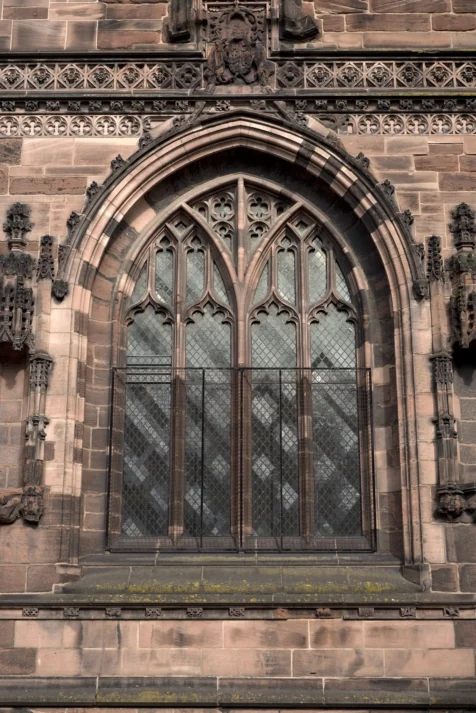 An intricate window on the Chester Cathedral in Chester, England, 2017.