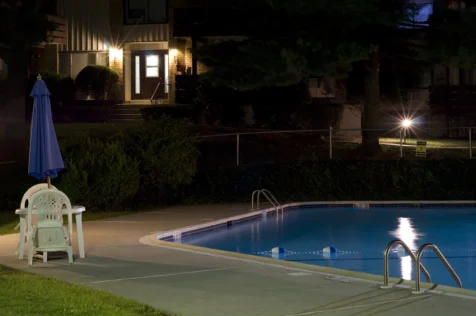 A long exposure of a condominium swimming pool at night in Valley Cottage, New York, 2012.
