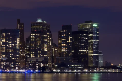 Apartment buildings in the Financial District at night, New York City, 2014.