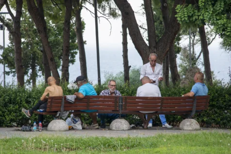 A group of men hang out at a park in Antalya, Turkey, 2023.