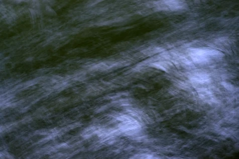 Abstract, long exposure of trees and sky from a moving car, 2015.