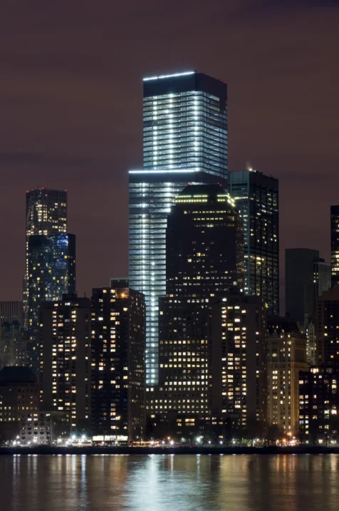 Buildings at night in the Financial District, New York City, 2014.