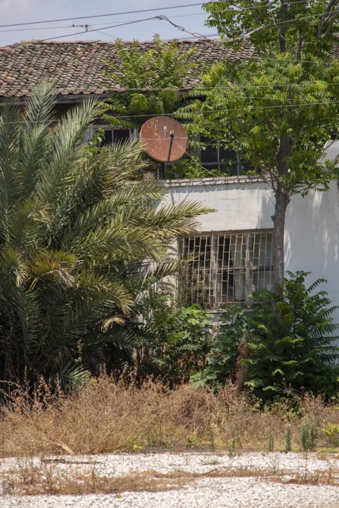 A rusty satellite dish, house and plants in Antalya, Turkey, 2023.