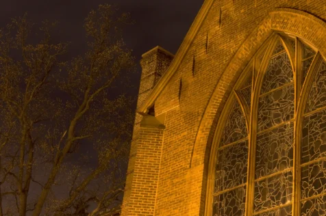 Church and tree at night in Nyack, New York, 2013.