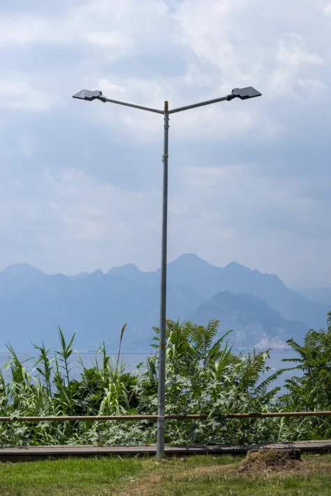 Streetlights, plants and mountains in Antalya, Turkey, 2023.
