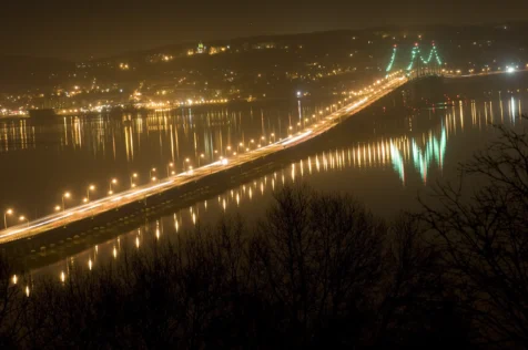 Long exposure of the Tappan Zee Bridge and surrounding landscape at night, 2011.