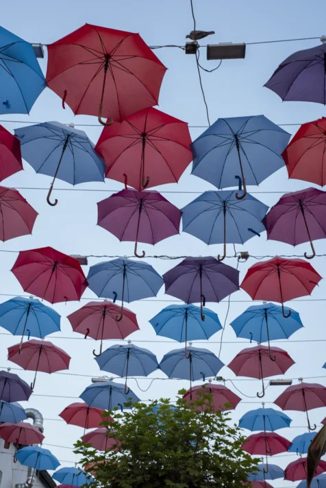 Colorful umbrella street in Antalya, Turkey, 2023.
