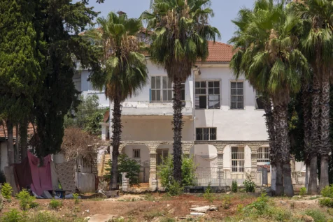 A large white house, palm trees and hanging rugs in Antalya, Turkey, 2023.