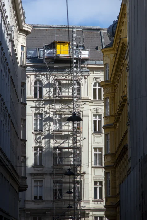Building facade construction in Vienna, Austria, 2023.