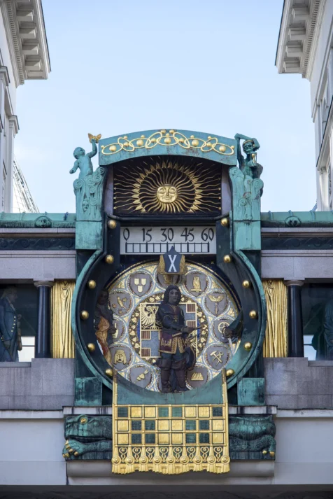 The Ankeruhr clock in Vienna, Austria, 2023.