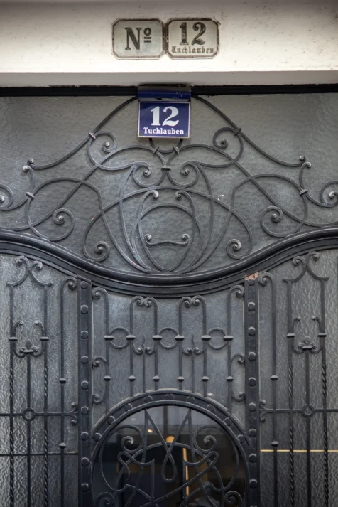 A fancy metal and glass door in Vienna, Austria, 2023.