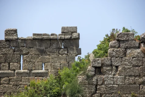 An ancient rock wall in Side, Turkey, 2024.