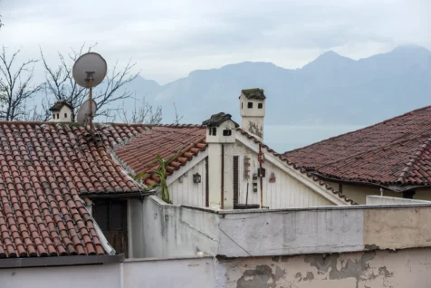Roofs and mountains on a cloudy day in Antalya, Turkey, 2024.
